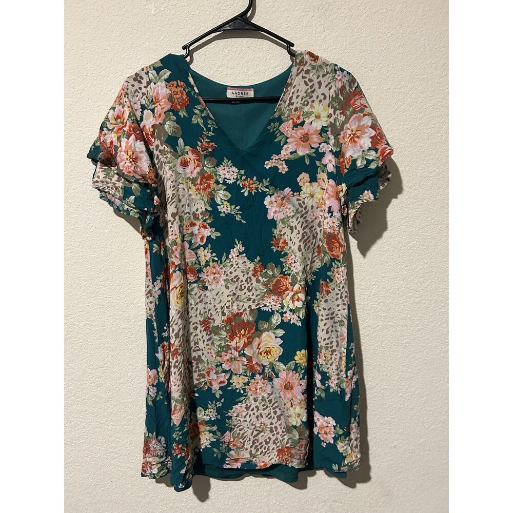 Andree By Unit Green Floral Ruffle Short Sleeve Tunic Mini Dress Size Medium